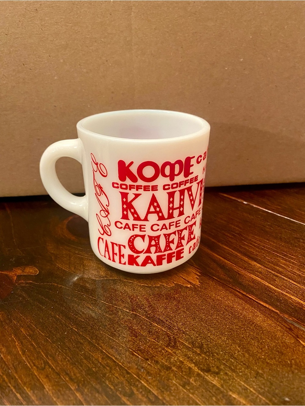 Mug Multi Languages Coffee Kaffe Kawa Kahvi Cafe Vintage 1970's Milk Glass